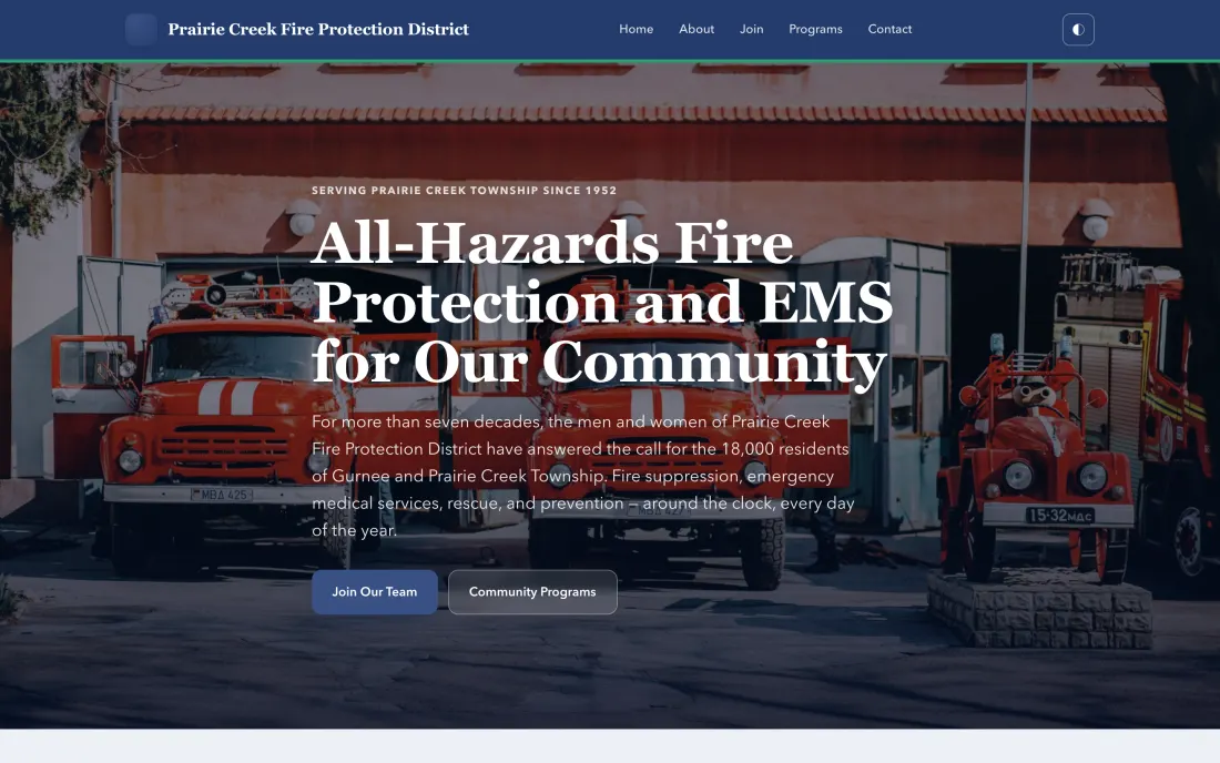 Prairie Creek Fire Protection District — a live civic website built by CE Sites with an institutional header band and accessible contrast
