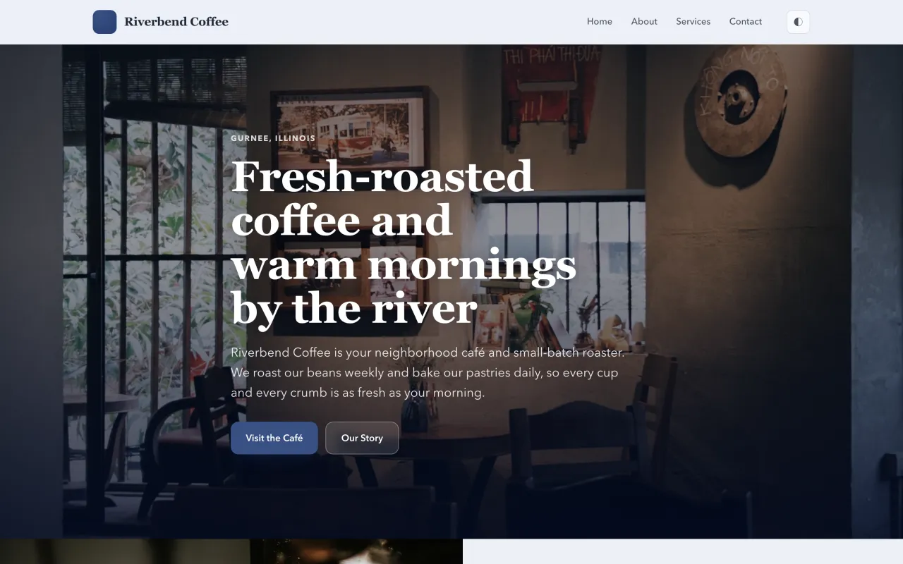 Riverbend Coffee — a complete live website generated end-to-end by CE Sites: navigation, headline, and photography